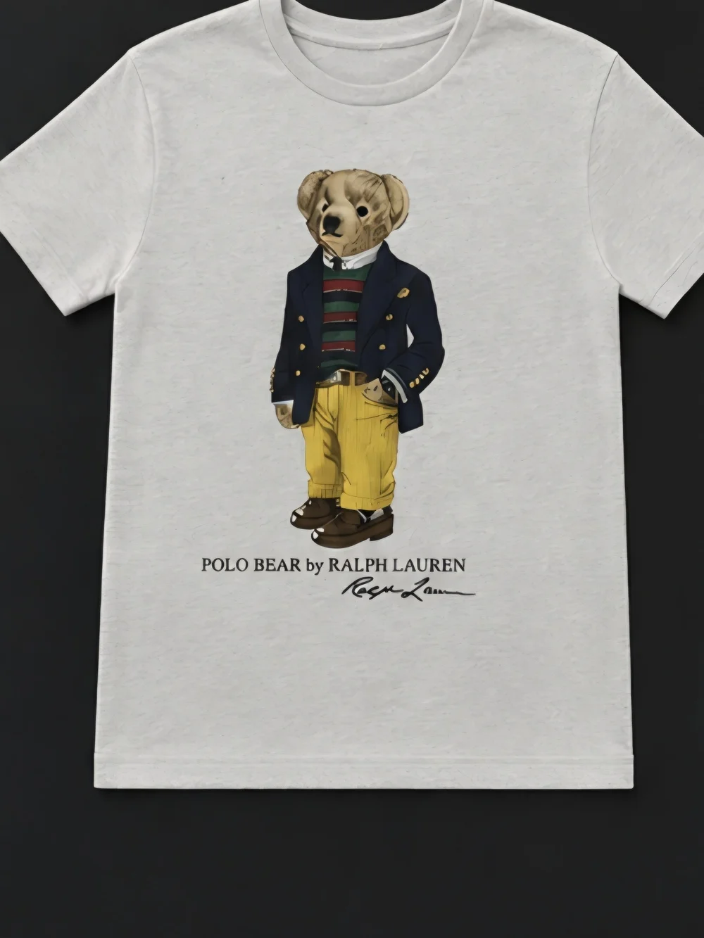 Ralph Lauren White Tee with Polo Bear Graphic in Navy, Yellow Size 8